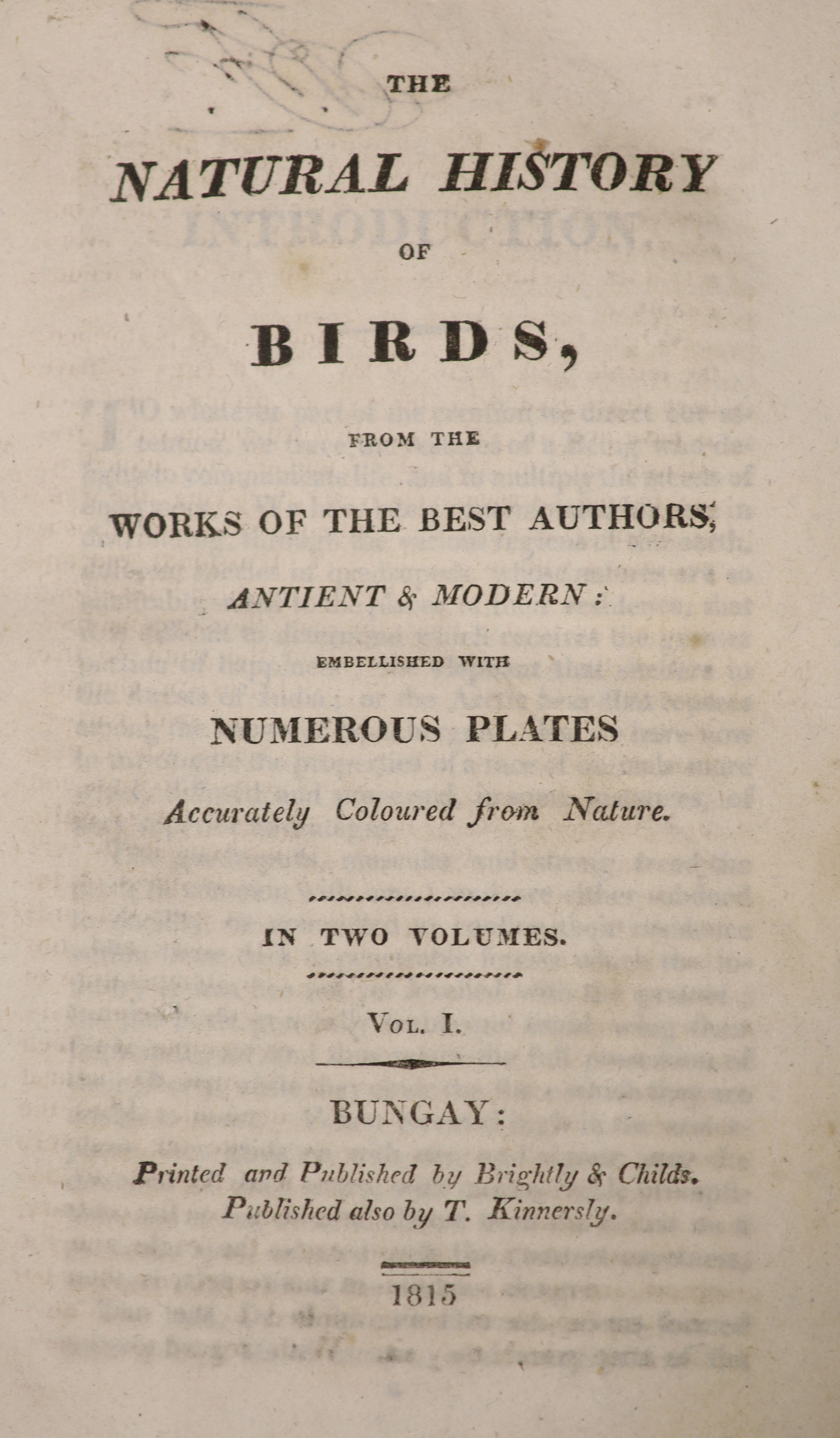 Natural- The Natural History of Birds, from the works of the Best Authors, 2 vols, 8vo, calf, joints strengthened, with 148 hand-coloured plates, Brightly and Childs, and T. Kinnersley, Bungay, 1815